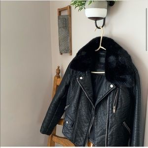 Zara Basics Black Faux Leather Jacket with Fur